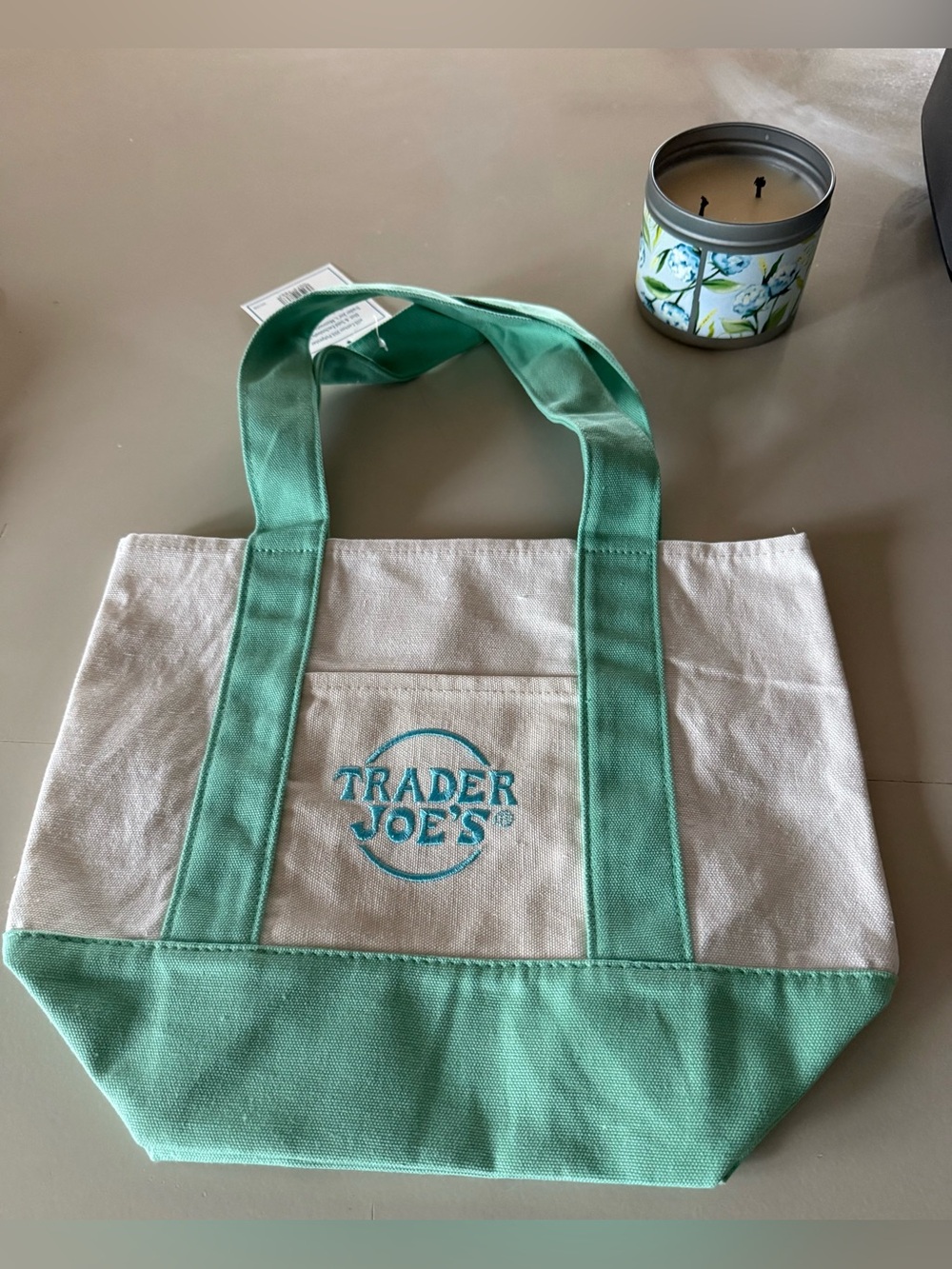 Trader Joe's Cream and Mint Green Canvas Tote